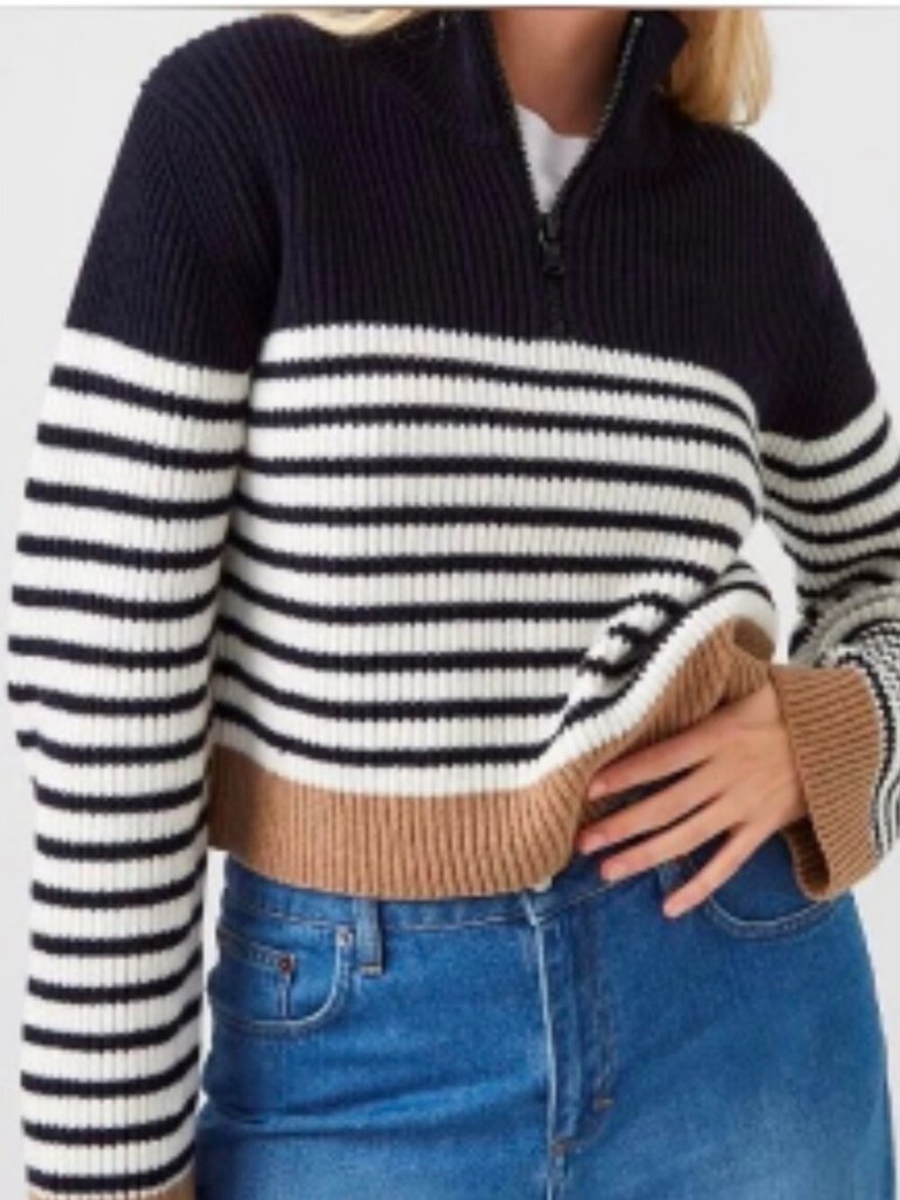 FRENCH CONNECTION Half Zip Crop Striped Sweater